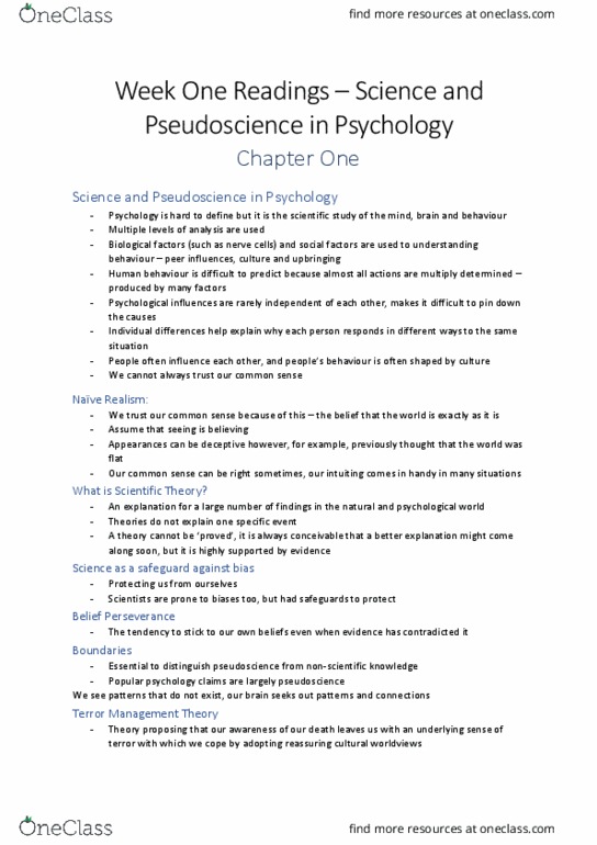 PSYC104 Chapter Notes - Chapter 1: Terror Management Theory, Pseudoscience, Popular Psychology thumbnail