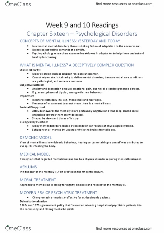 PSYC104 Chapter Notes - Chapter 16: Deinstitutionalisation, Social Anxiety Disorder, Bipolar Disorder thumbnail