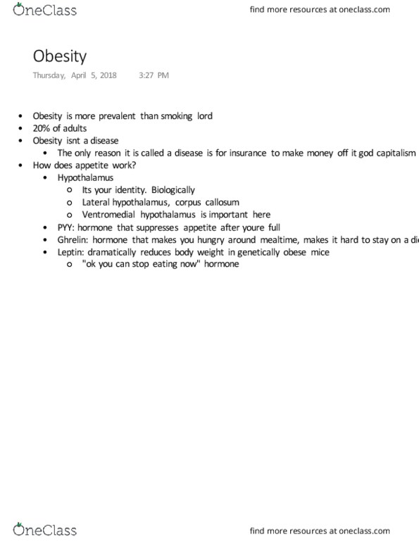 ANT 333 Lecture Notes - Lecture 10: Lateral Hypothalamus, Ghrelin, Leptin thumbnail