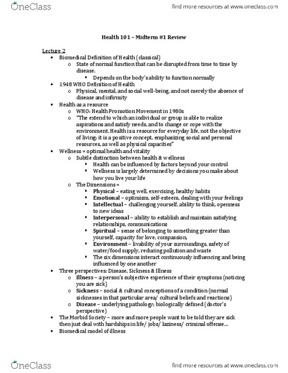 HLTH101 Lecture Notes - Lecture 2: Biomedical Model, Population Health, Population Model thumbnail