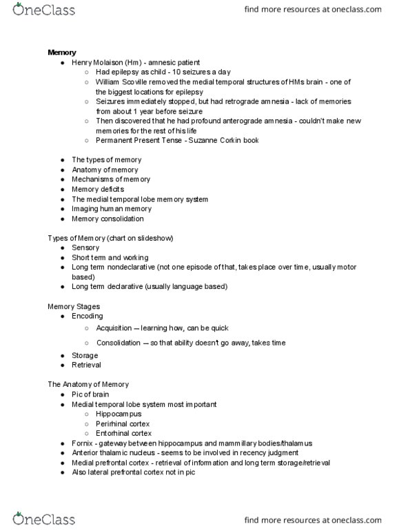 PS267 Lecture Notes - Lecture 9: Prefrontal Cortex, Suzanne Corkin, Perirhinal Cortex thumbnail