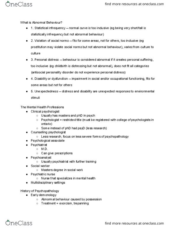PS280 Lecture Notes - Lecture 1: Antisocial Personality Disorder, Psychiatric And Mental Health Nursing, Personal Distress thumbnail