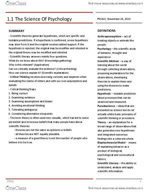 PSYA01H3 Chapter Notes -Scientific Literacy, Anthropomorphism, Critical Thinking thumbnail