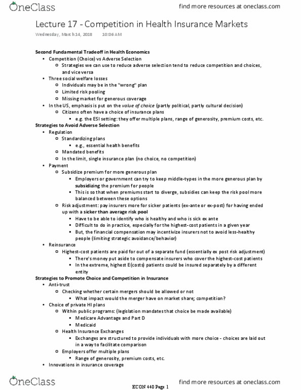 ECON 440 Lecture Notes - Lecture 17: Essential Health Benefits, Risk Pool, Adverse Selection thumbnail