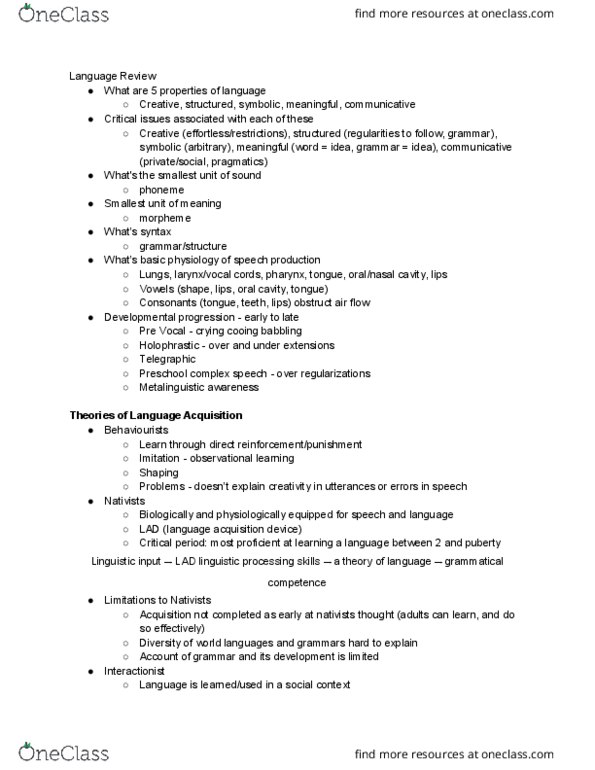 PS102 Lecture Notes - Lecture 18: Language Acquisition Device, Metalinguistic Awareness, Observational Learning thumbnail