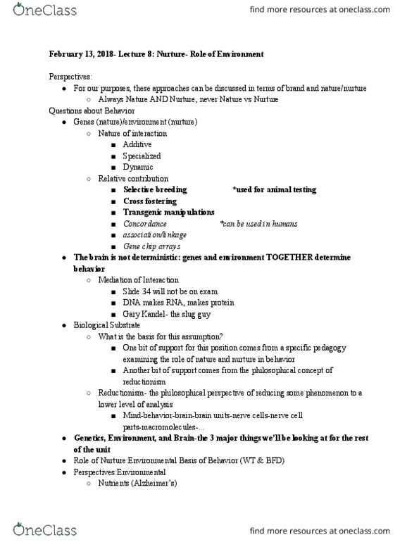 PSYC-115 FA5 Lecture Notes - Lecture 8: Animal Testing, Reductionism, Selective Breeding thumbnail