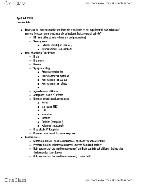 PSYC-115 FA5 Lecture Notes - Lecture 24: Samurai Shodown, Property Dualism, Naloxone thumbnail