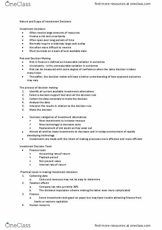 BU1002 Lecture Notes - Lecture 9: Dividend Imputation, Payback Period, Decision Rule thumbnail