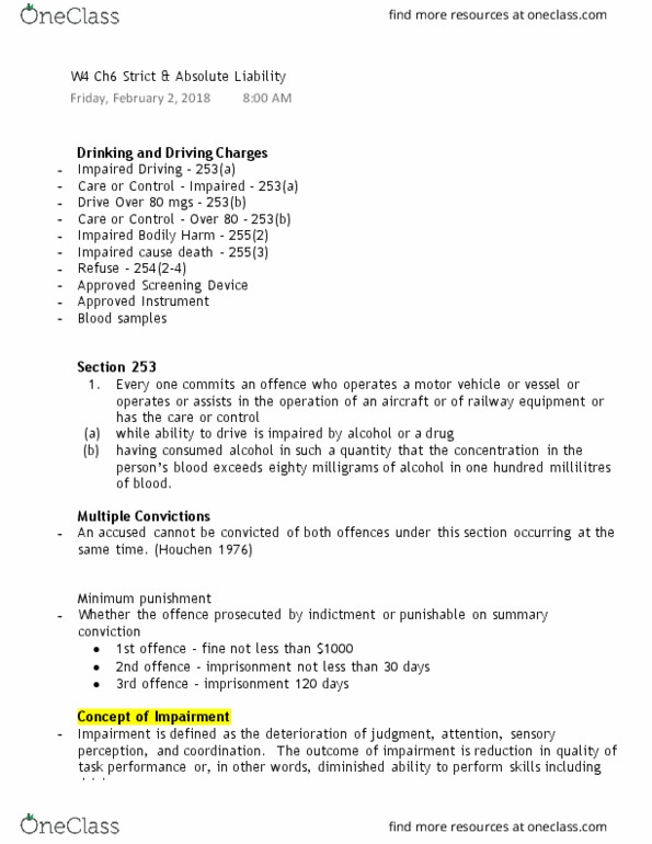 JUST 1020 Lecture Notes - Lecture 4: Absolute Liability, Indictable Offence, Blood Alcohol Content thumbnail