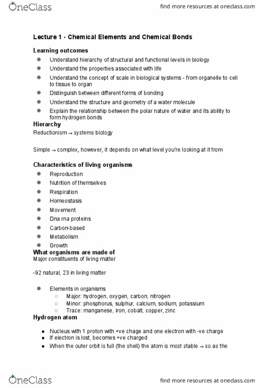 BIO1011 Lecture Notes - Lecture 1: Hydrogen Atom, Systems Biology, Manganese thumbnail