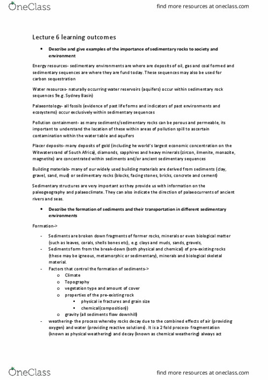 GEOS1211 Lecture Notes - Lecture 6: Sydney Basin, Clay Minerals, Depositional Environment thumbnail