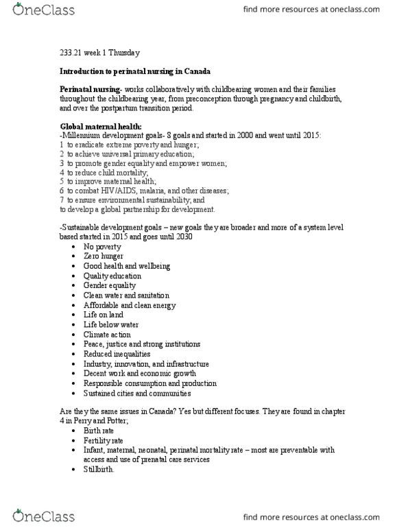 NURS 233 Lecture Notes - Lecture 1: Millennium Development Goals, Sustainable Development Goals, Perinatal Mortality thumbnail