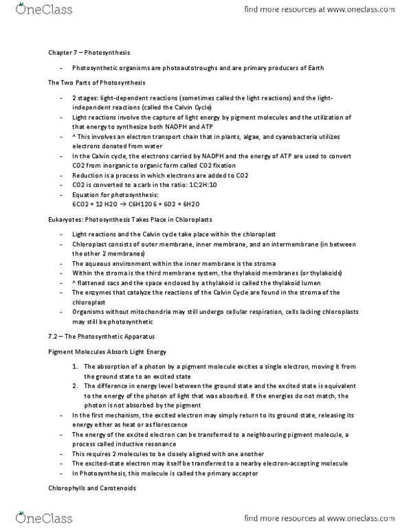 BIOL 1000 Chapter Notes - Chapter 7: Photosystem I, P680, Plastoquinone thumbnail