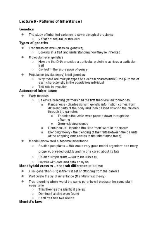 BIO1011 Lecture Notes - Lecture 9: Dihybrid Cross, Mendelian Inheritance, Classical Genetics thumbnail