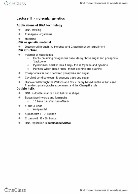 BIO1011 Lecture Notes - Lecture 11: Phosphodiester Bond, Nucleic Acid Double Helix, Dna Profiling thumbnail