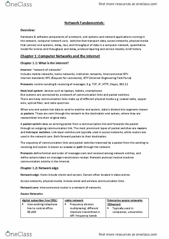 41902 Lecture Notes - Lecture 1: Packet Switching, Access Network, Communications Protocol thumbnail