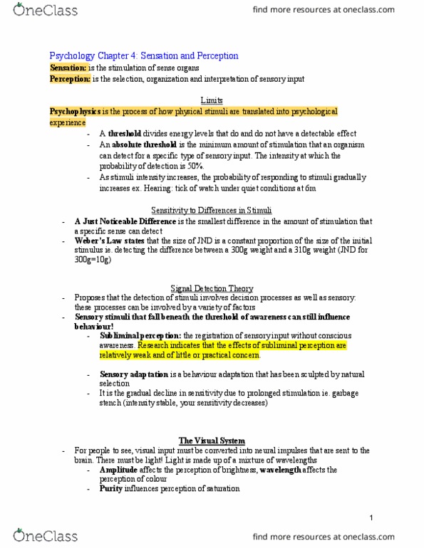 PSYC 1020H Chapter Notes - Chapter 4: Detection Theory, Subliminal Stimuli, Optic Disc thumbnail