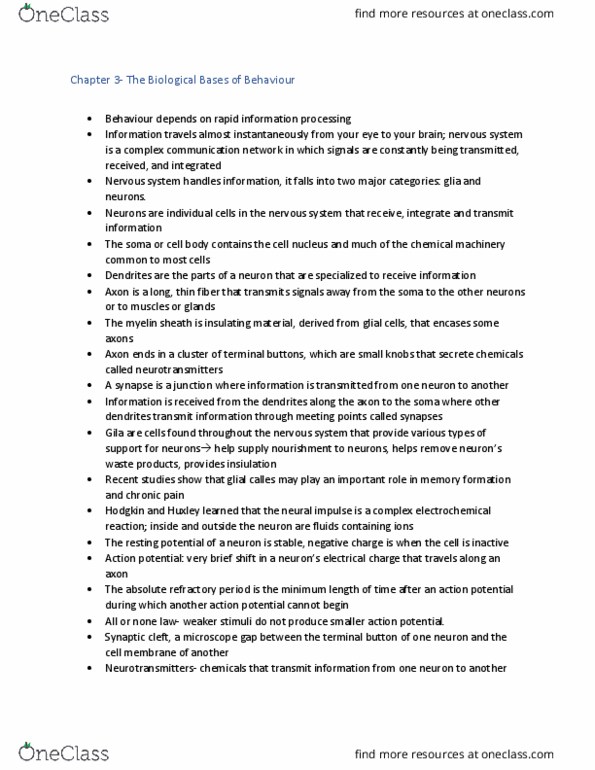 PSYC 1020H Chapter Notes - Chapter 3: Axon Terminal, Neuroglia, Myelin thumbnail