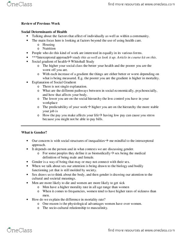 SOCI 3820 Lecture Notes - Whitehall Study, Masculinity, Fetus thumbnail