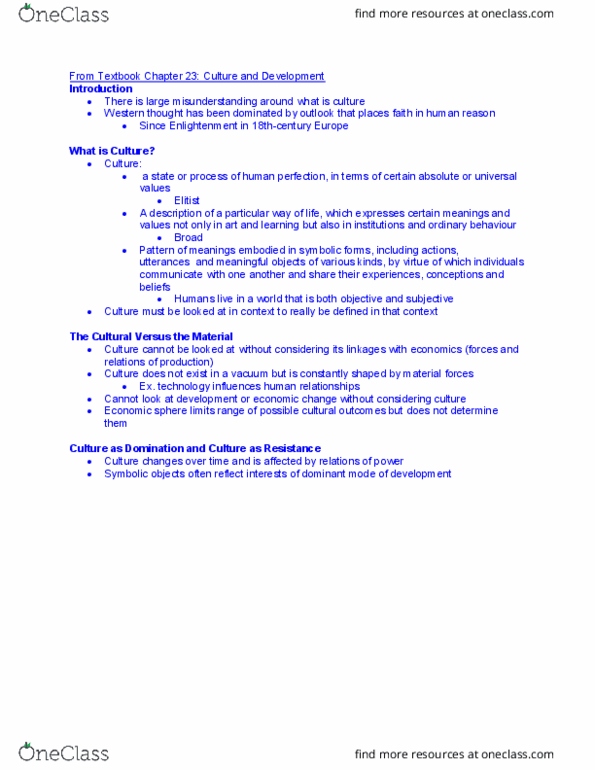 IDST 1002H Chapter 23: IDST 1002 Textbook Chapter 23 Culture and Development thumbnail