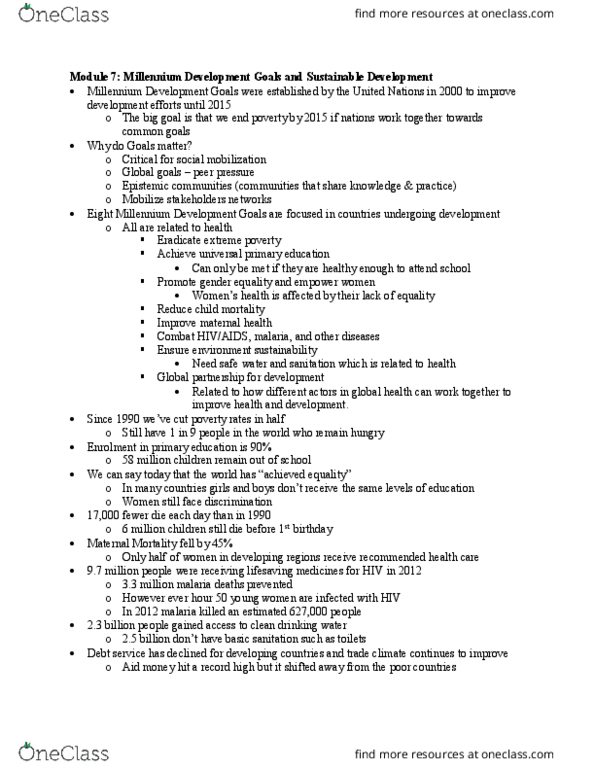 CMH 2000 Lecture Notes - Lecture 7: Millennium Development Goals, Sustainable Development, Global Health thumbnail