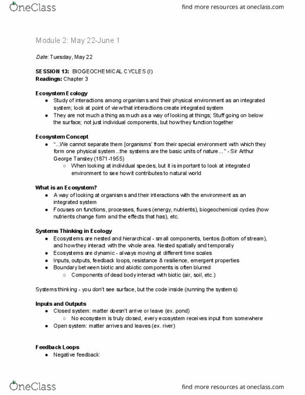 ENV100Y5 Lecture Notes - Lecture 12: Arthur Tansley, Ecosystem Ecology, Systems Theory thumbnail