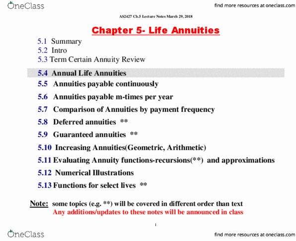 Actuarial Science 2427A/B Lecture Notes - Lecture 18: Life Annuity, Contin, Rary thumbnail