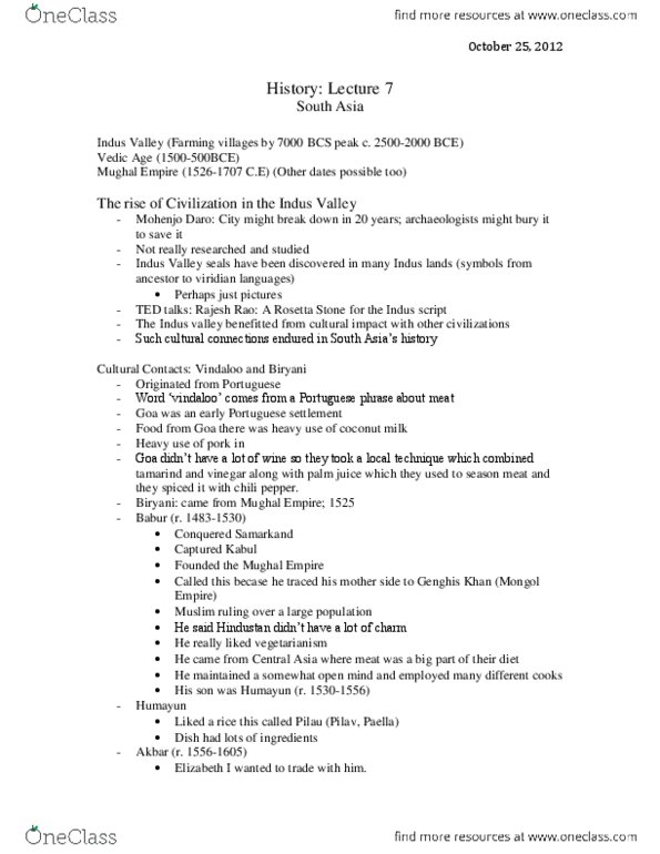 HIS101H5 Lecture Notes - Lecture 7: Rajesh P. N. Rao, Indus Script, Vindaloo thumbnail