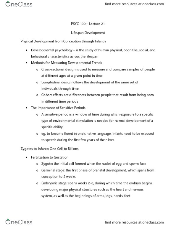 PSYC 100 Lecture Notes - Lecture 21: Prenatal Development, Gestation, Neuron thumbnail