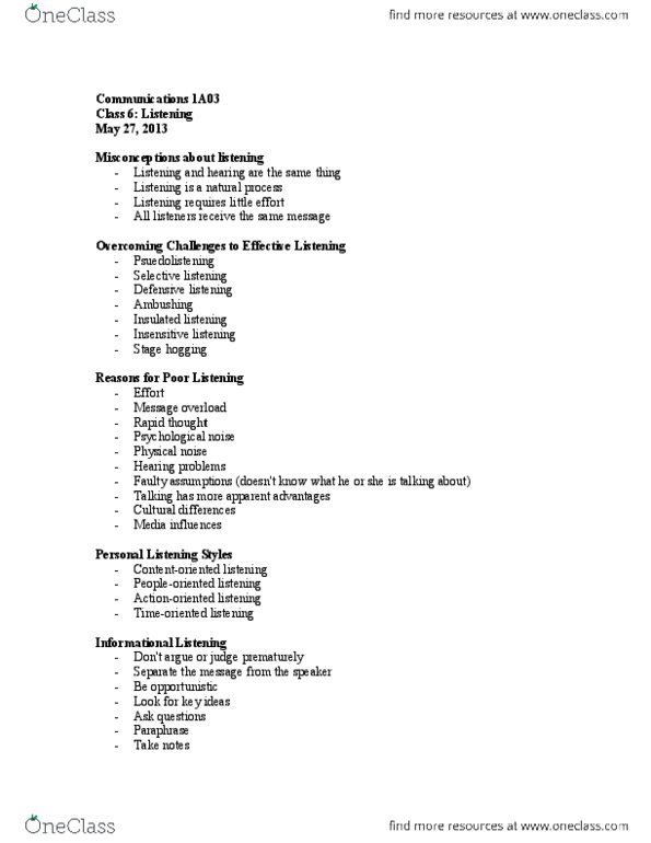 CMST 1A03 Lecture Notes - Lecture 6: Nonverbal Communication thumbnail