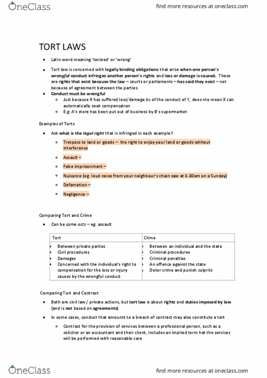 BTC1110 Lecture Notes - Lecture 8: False Imprisonment, Contributory Negligence, Handrail thumbnail