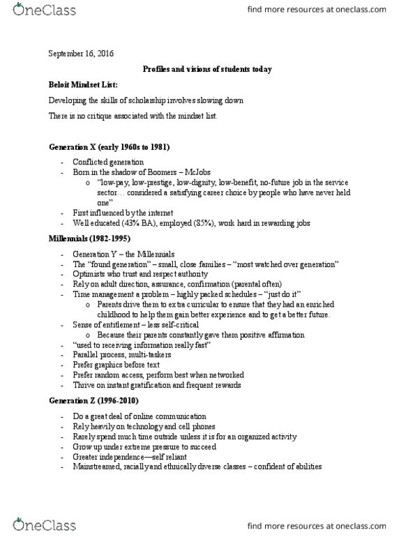 SOCY 122 Lecture Notes - Lecture 1: Mcjob, Generation Z, Time Management thumbnail