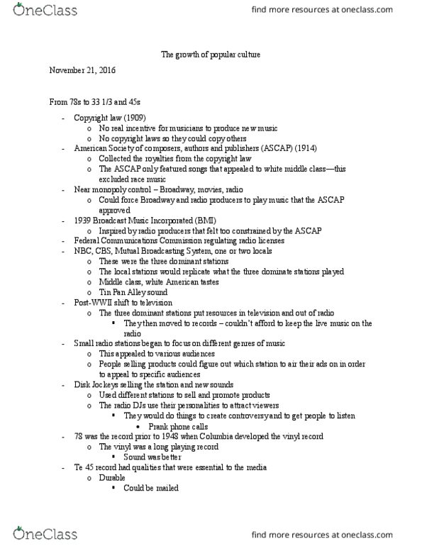 SOCY 122 Lecture Notes - Lecture 18: Federal Communications Commission, African-American Music, Transistor Radio thumbnail