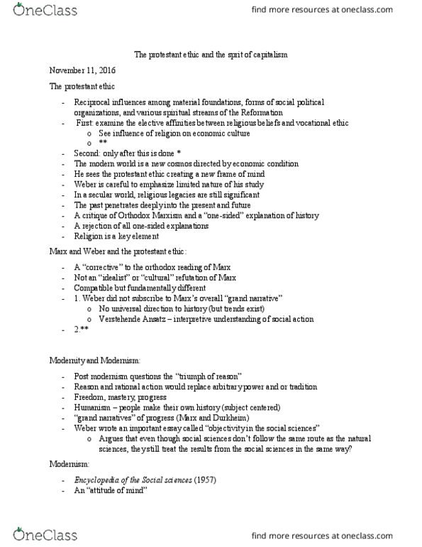 SOCY 122 Lecture Notes - Lecture 13: Orthodox Marxism, Ansatz, Protestant Work Ethic thumbnail