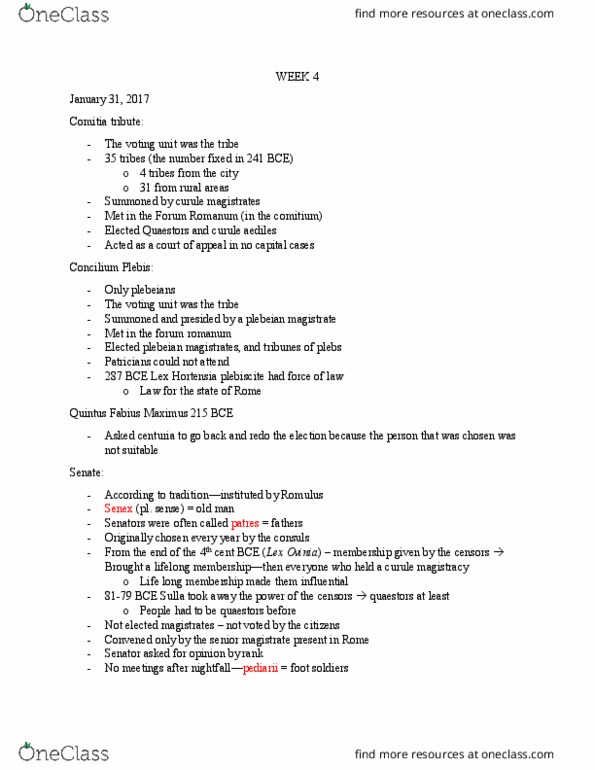 CLST 103 Lecture Notes - Lecture 4: Aedile, Plebiscitum Ovinium, Lex Hortensia thumbnail