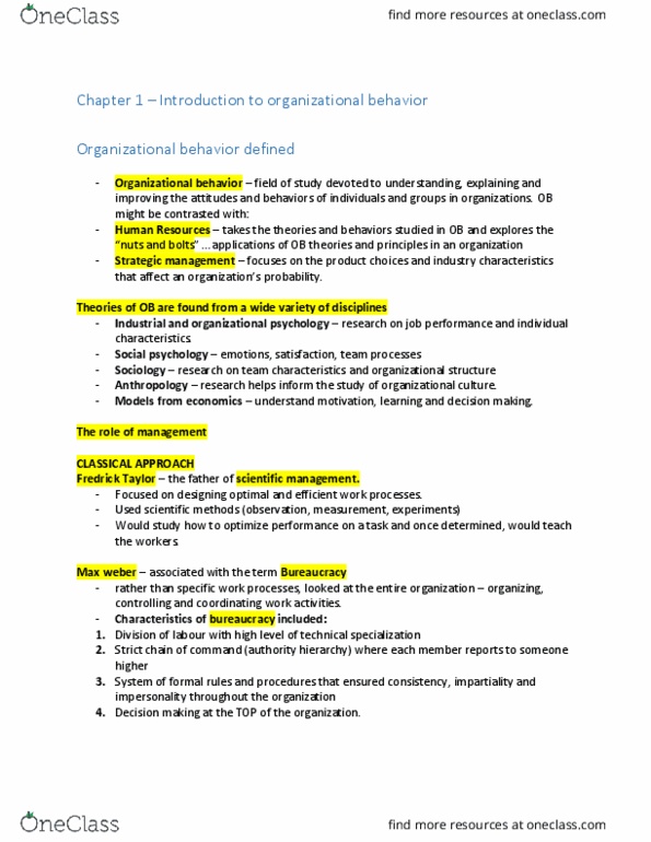 AFM280 Chapter Notes - Chapter 1: Organizational Behavior, Organizational Culture, Strategic Management thumbnail