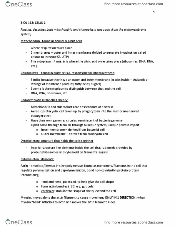 BIOL 112 Lecture Notes - Lecture 9: Inner Membrane, Endomembrane System, Cytoskeleton thumbnail