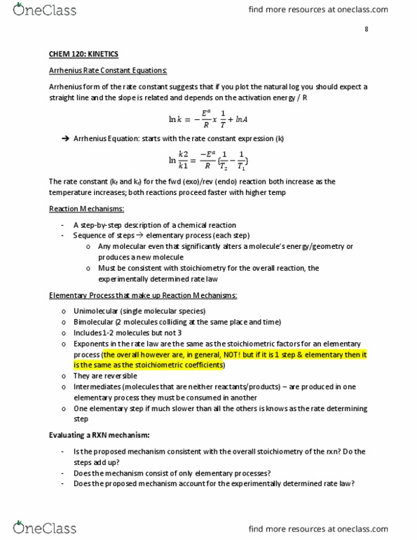 CHEM 120 Lecture Notes - Lecture 7: Rate-Determining Step, Reaction Step, Reaction Rate Constant thumbnail