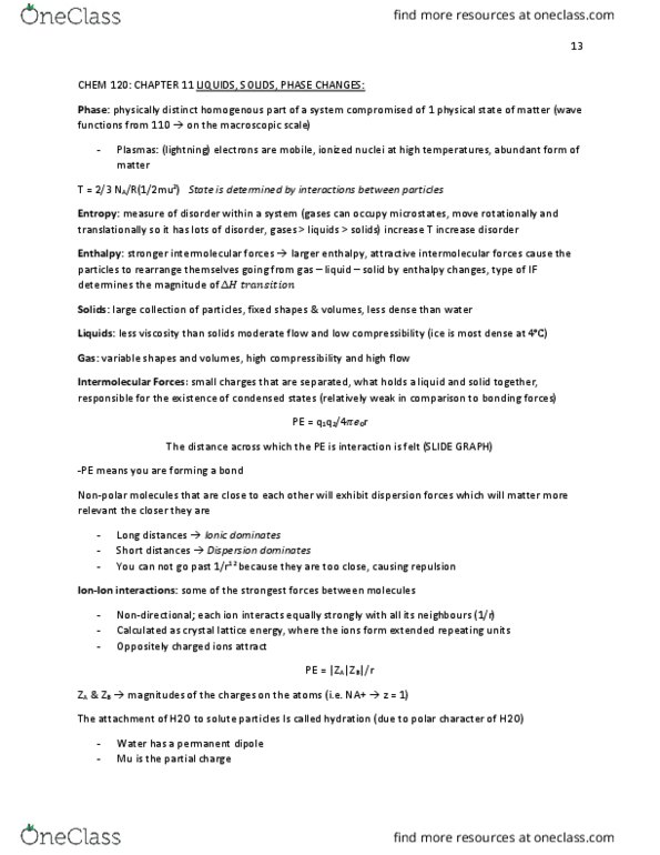 CHEM 120 Lecture Notes - Lecture 13: Intermolecular Force, Chemical Polarity, Partial Charge thumbnail