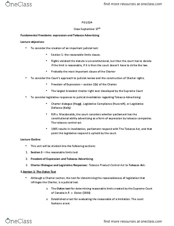 POLI 324 Lecture Notes - Lecture 6: Public Health, Narcotic Control Act, Section 33 Of The Canadian Charter Of Rights And Freedoms thumbnail