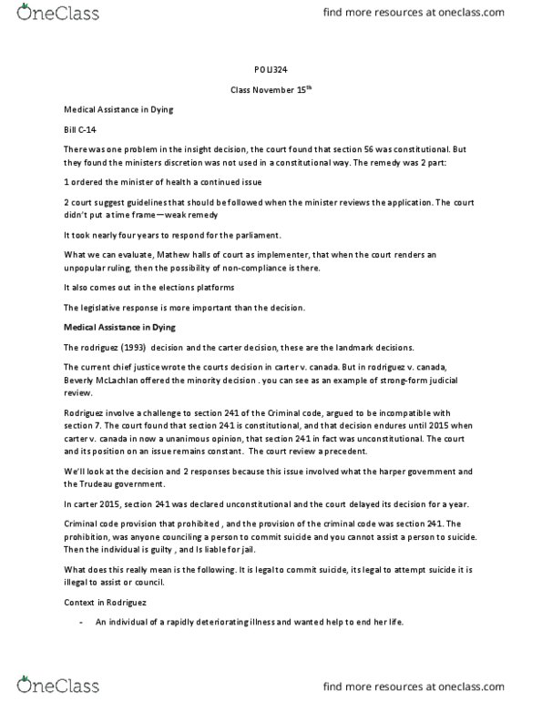 POLI 324 Lecture Notes - Lecture 13: Premiership Of Stephen Harper, Fundamental Justice, Section 33 Of The Canadian Charter Of Rights And Freedoms thumbnail