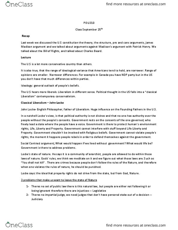 POLI 310 Lecture Notes - Lecture 2: Classical Liberalism, United States Constitution, Constitutionalism thumbnail