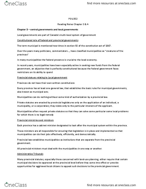 POLI 352 Lecture Notes - Lecture 2: Multi-Level Governance, Externality, Metrolinx thumbnail