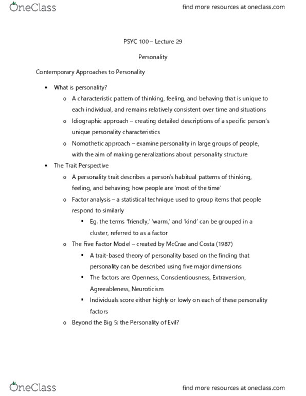PSYC 100 Lecture Notes - Lecture 29: Big Five Personality Traits, Nomothetic, Factor Analysis thumbnail