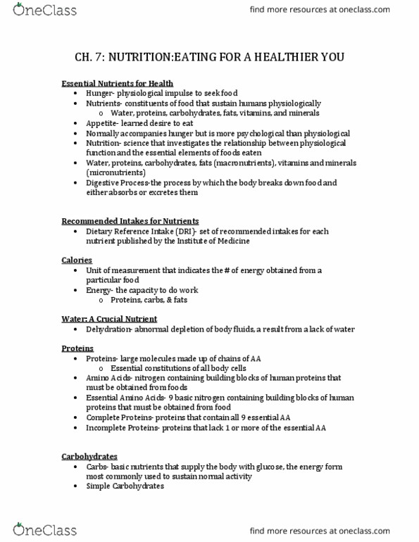 HPE 1001 Lecture Notes - Lecture 7: Dietary Reference Intake, Nutrition, Glycogen thumbnail