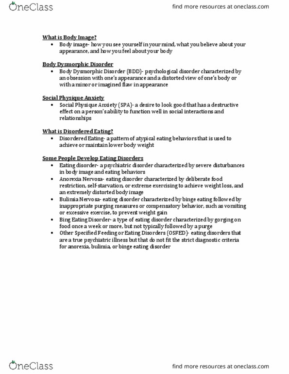 HPE 1001 Lecture Notes - Lecture 9: Body Dysmorphic Disorder, Body Image, Mental Disorder thumbnail