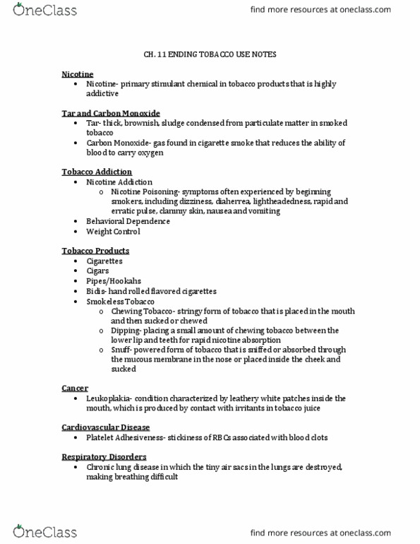 HPE 1001 Lecture Notes - Lecture 12: Chronic Lung Disease, Leukoplakia, Nicotine thumbnail