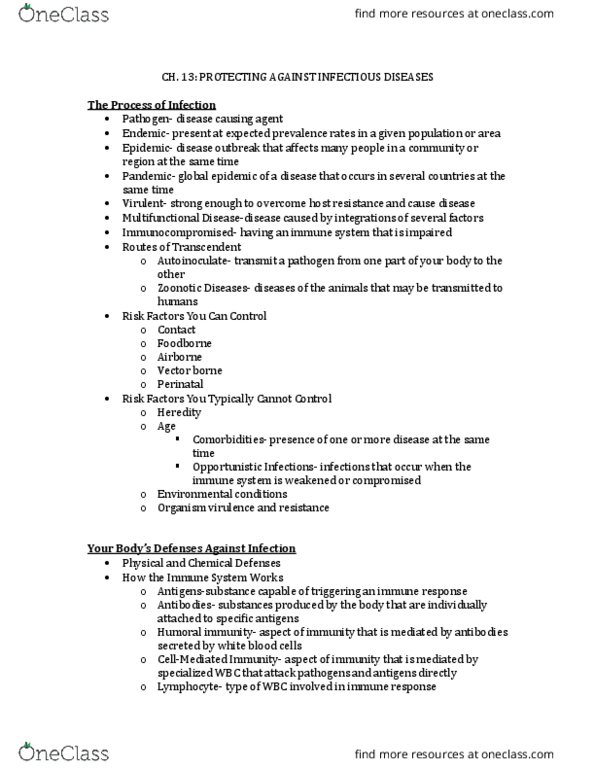 HPE 1001 Lecture 14: Ch. 13- Protecting Against Infectious Diseases Notes thumbnail