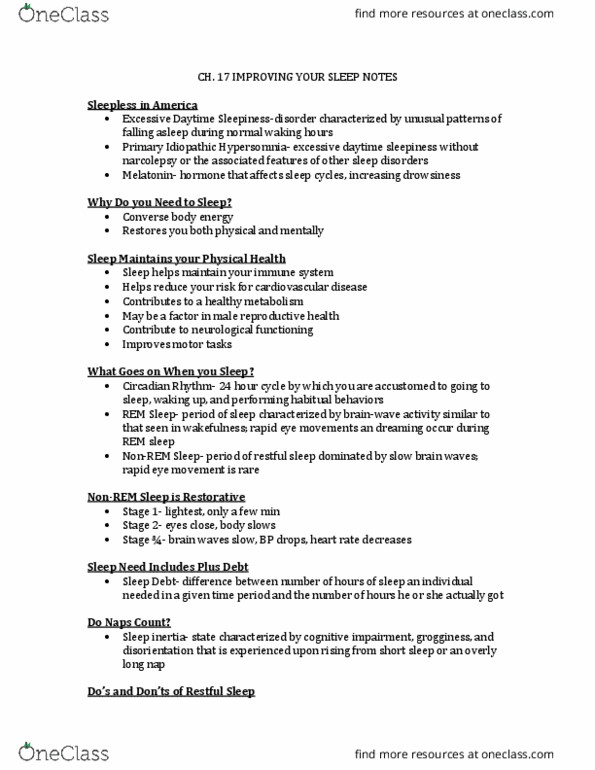 HPE 1001 Lecture Notes - Lecture 19: Excessive Daytime Sleepiness, Rapid Eye Movement Sleep, Sleep Inertia thumbnail