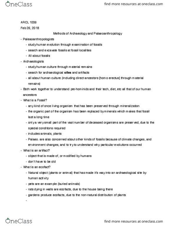 ARCL-1006EL Lecture Notes - Lecture 10: Homo Erectus, Radiocarbon Dating, Dendrochronology thumbnail